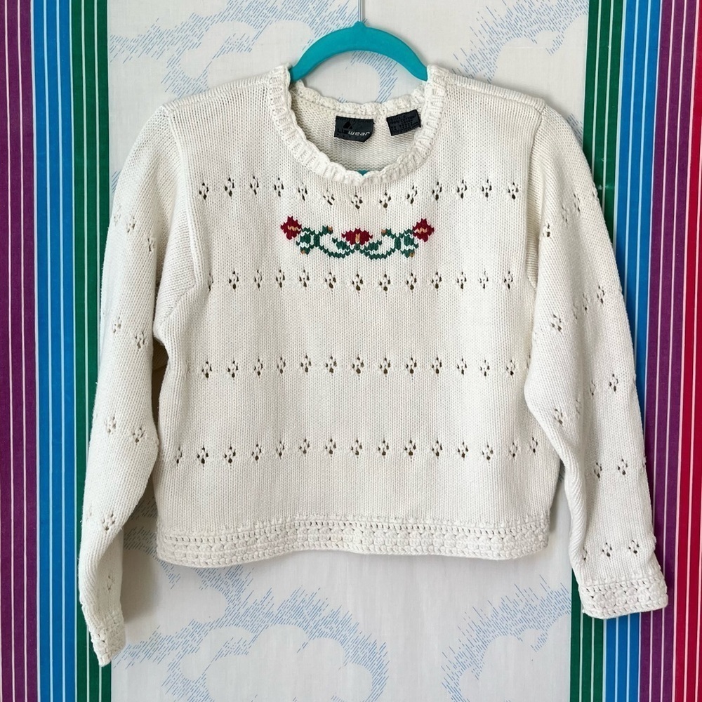 VINTAGE Liz Wear cotton knit crop floral sweater small 90s cottagecore